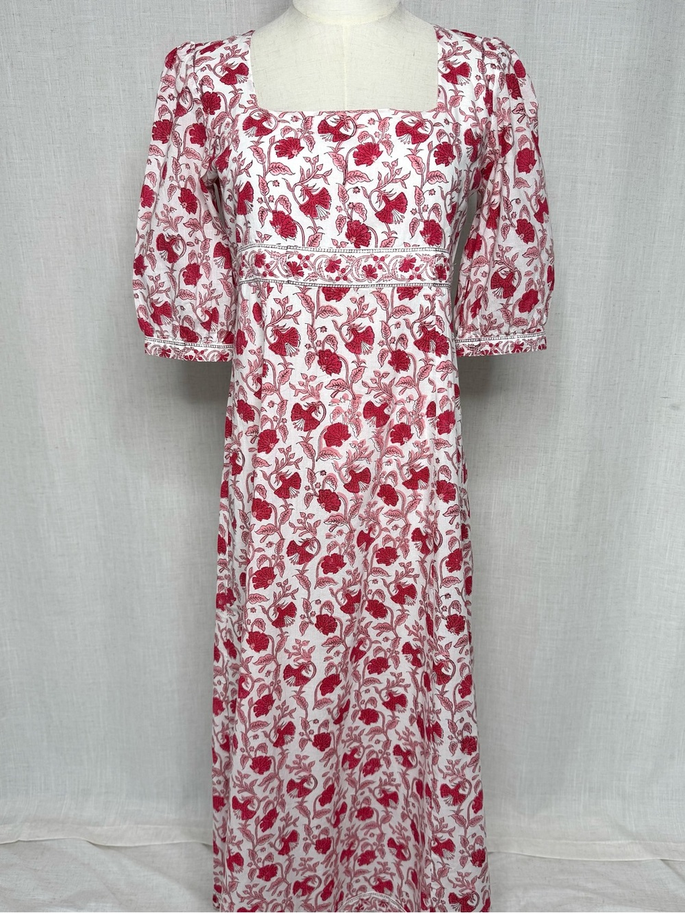 Madison Mathews Floral Cotton Empire Waist Maxi Dress Puff Sleeve Red White XS